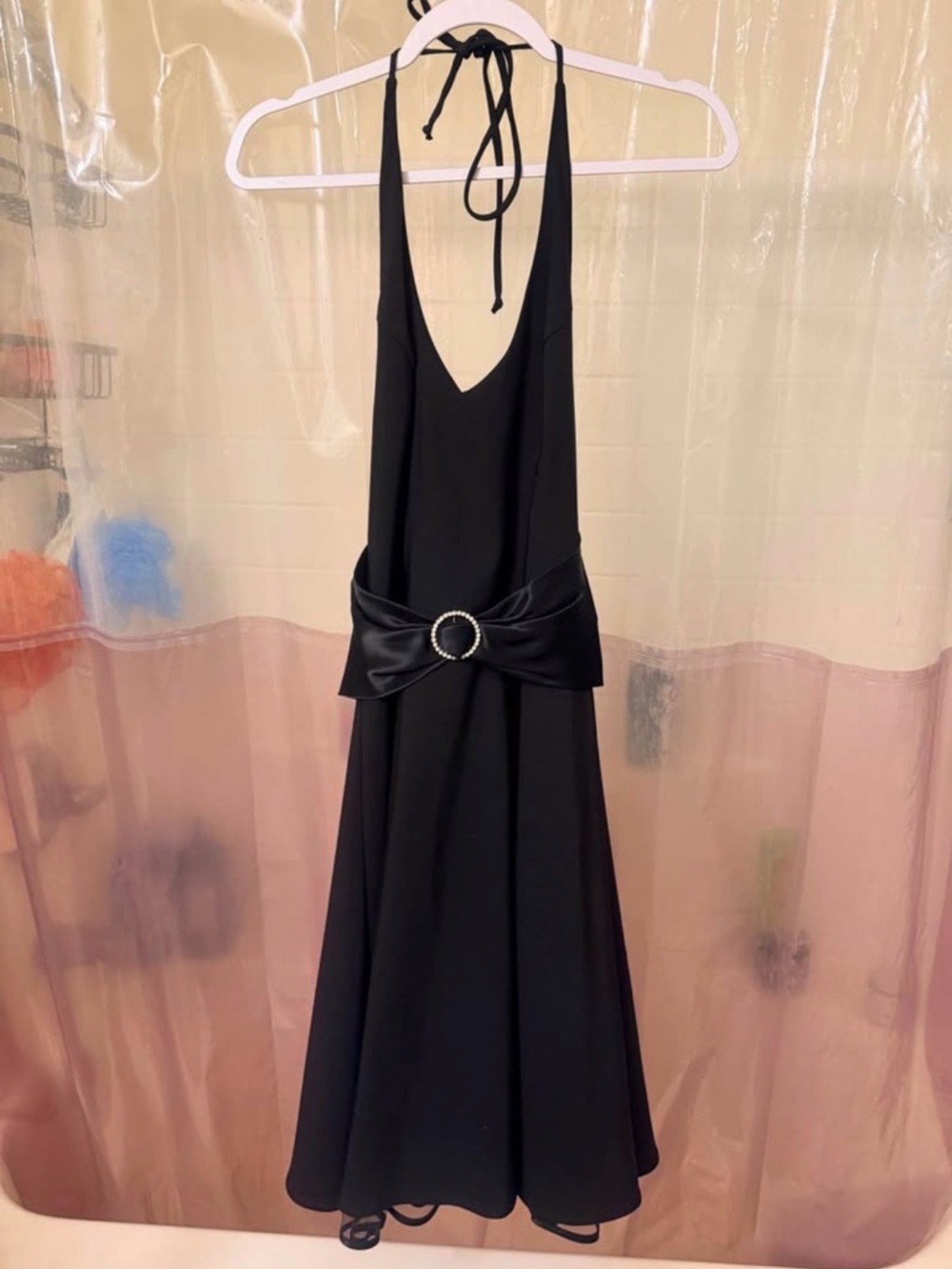 B Darlin Black Backless Halter Dress with Satin Bow